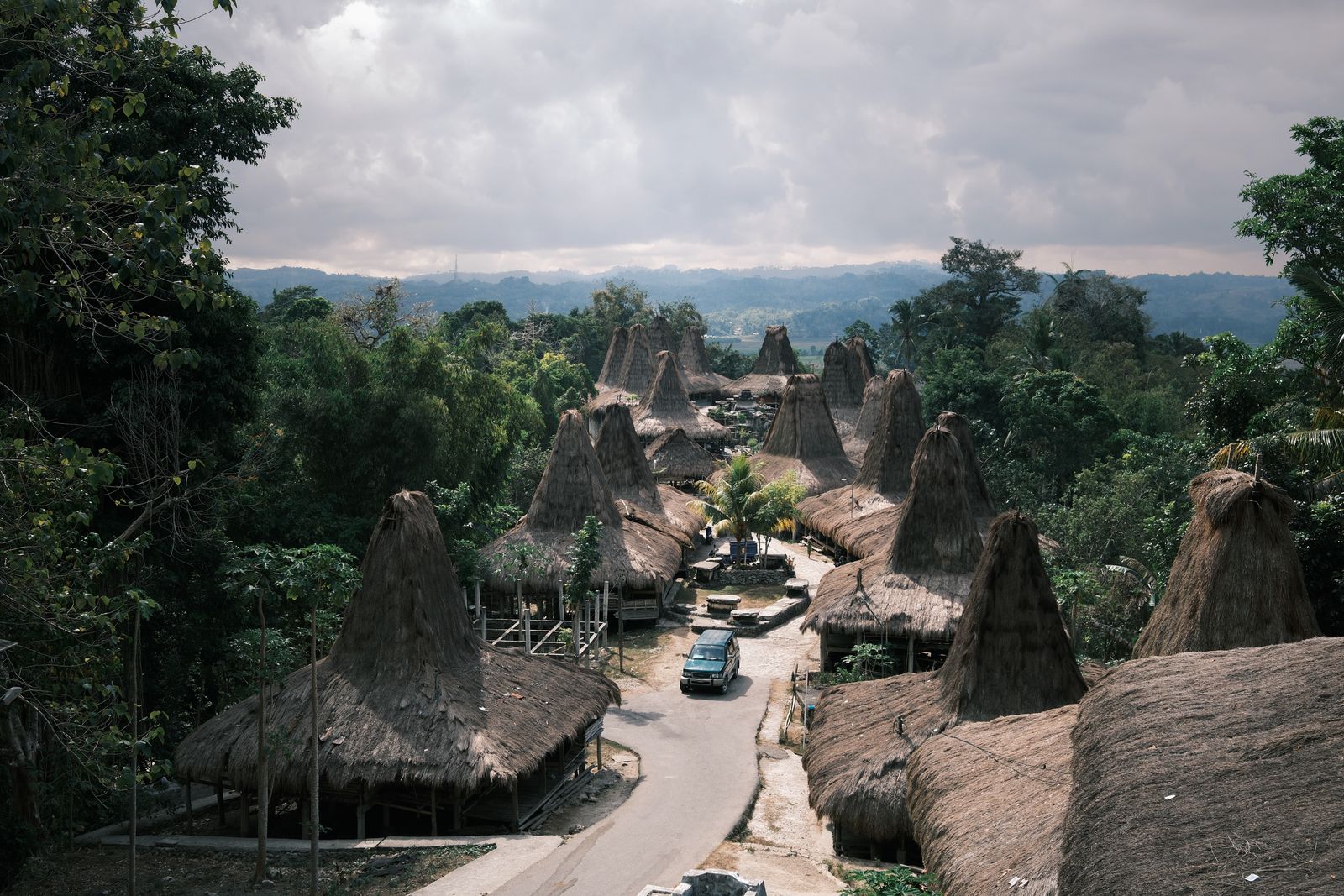 A Sumbanese village of high thatched roofs seen from above